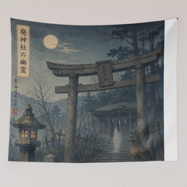 Item preview, Abandoned Shrine Ghost Ukiyo-e Art Print | Japanese Folklore Spirit | Haunted Shrine Landscape designed and sold by Vandy Fullam.