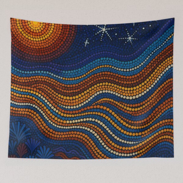 Item preview, Dot Painting Sun And Plants Royal Blue designed and sold by AboriginalartVI.