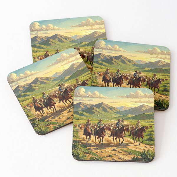 Item preview, Cowboys Leading a Cattle Drive on Horseback Across a Western Ranch Valley at Sunset designed and sold by LisaMise.