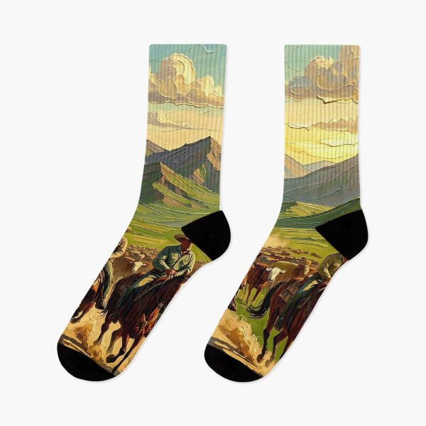 Item preview, Cowboys Leading a Cattle Drive on Horseback Across a Western Ranch Valley at Sunset designed and sold by LisaMise.