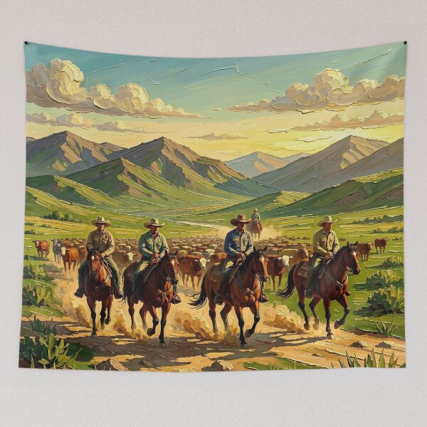 Item preview, Cowboys Leading a Cattle Drive on Horseback Across a Western Ranch Valley at Sunset designed and sold by LisaMise.