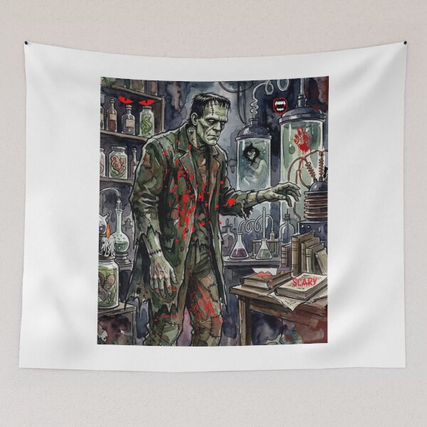 Item preview, Frankenstein's Laboratory Watercolor Spooky Halloween Horror Art designed and sold by VibranPalette.