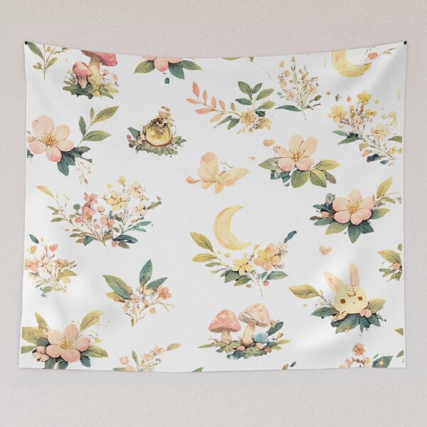Item preview, Whimsical Cottagecore Floral Pattern | Moon Bunny Mushroom Botanical Art designed and sold by Rixben.