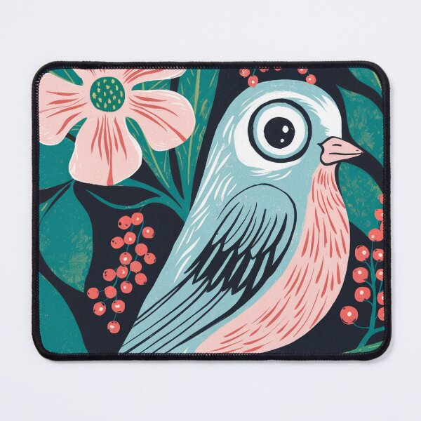 Item preview, Mid Century Modern Blue Birb - Scandinavian Folk Art Floral Illustration designed and sold by Filora Atelier | Bird Art.