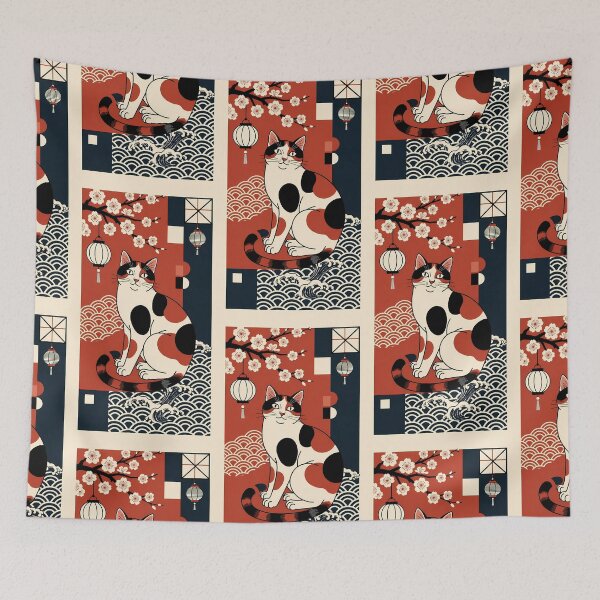 Item preview, Traditional Japanese Calico Cat with Waves and Lanterns designed and sold by Idealforme.