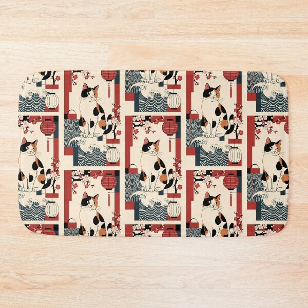 Item preview, Traditional Japanese Calico Cat with Waves and Lanterns designed and sold by Idealforme.