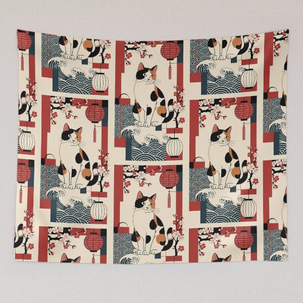 Item preview, Traditional Japanese Calico Cat with Waves and Lanterns designed and sold by Idealforme.