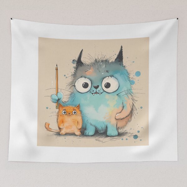 Item preview, Big Monster Teaches Little Cat - Quirky Art Teacher Doodle designed and sold by OopsIDrewIt.