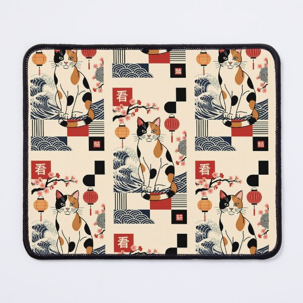 Item preview, Traditional Japanese Calico Cat with Waves and Lanterns designed and sold by Idealforme.