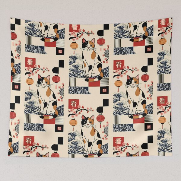 Item preview, Traditional Japanese Calico Cat with Waves and Lanterns designed and sold by Idealforme.