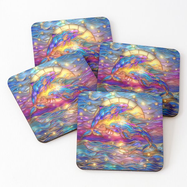 Item preview,  Colorful Dolphins Stained Glass Art | Celestial Ocean Fantasy designed and sold by MargaretWiktor.