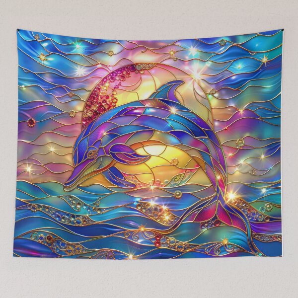 Item preview, Colorful Dolphin Stained Glass Art | Sun and Moon Ocean Fantasy designed and sold by MargaretWiktor.