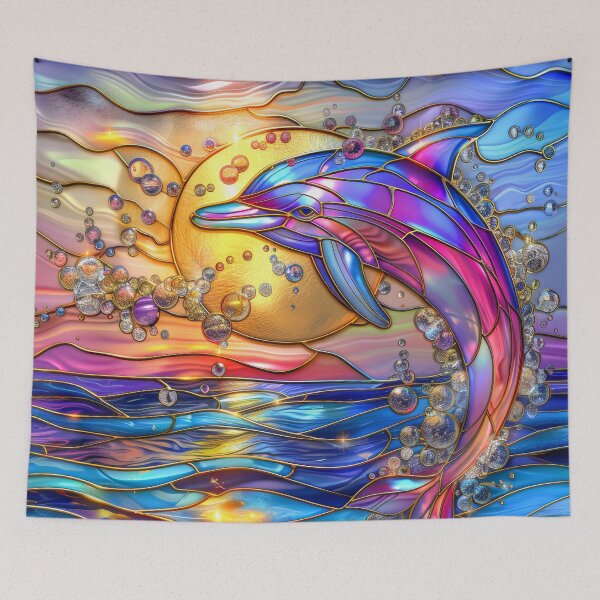 Item preview, Dolphin Stained Glass Art | Sun and Moon Ocean Fantasy designed and sold by MargaretWiktor.