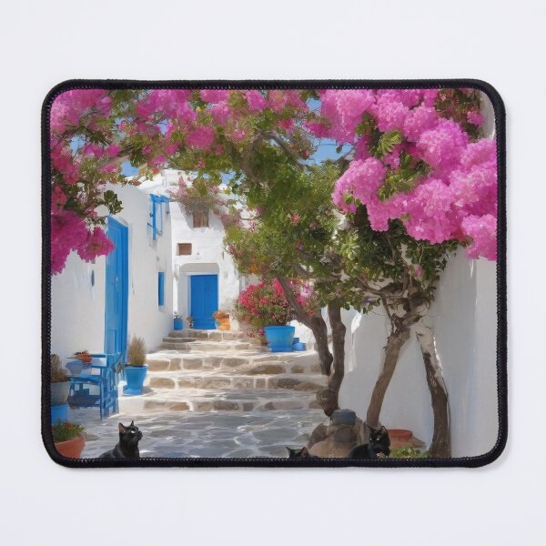 Item preview, Black Cats in Greece Santorini Bougainvillea Street Art designed and sold by UmSkelig834.