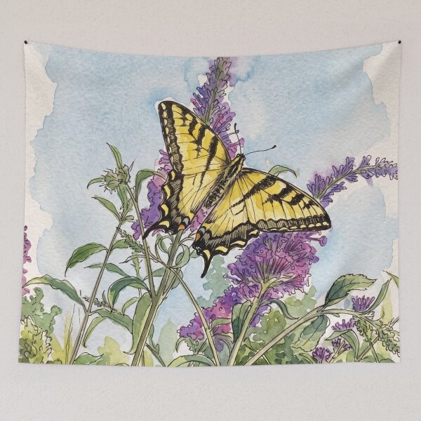 Item preview, Swallowtail Butterfly on Butterfly Bush | Pen & Watercolor Nature Art designed and sold by Debbie Schulte.