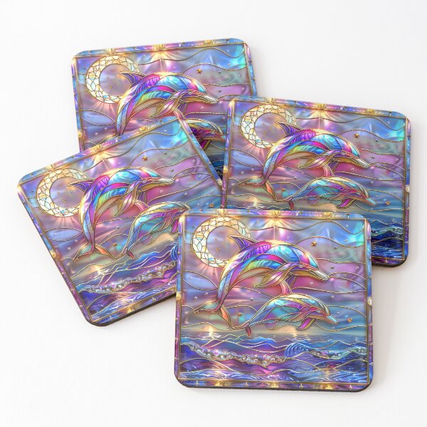 Item preview, Colorful Dolphins Stained Glass Art | Sun and Moon Ocean Fantasy designed and sold by MargaretWiktor.