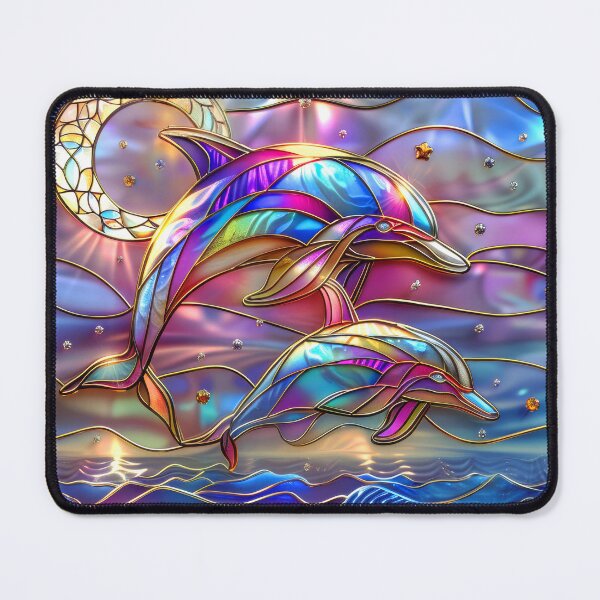 Item preview, Colorful Dolphins Stained Glass Art | Sun and Moon Ocean Fantasy designed and sold by MargaretWiktor.