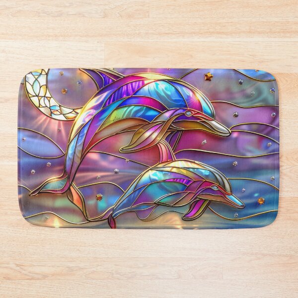 Item preview, Colorful Dolphins Stained Glass Art | Sun and Moon Ocean Fantasy designed and sold by MargaretWiktor.