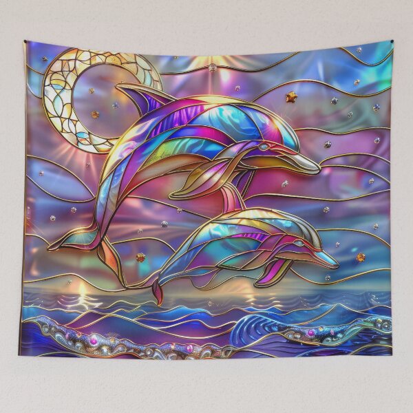 Item preview, Colorful Dolphins Stained Glass Art | Sun and Moon Ocean Fantasy designed and sold by MargaretWiktor.