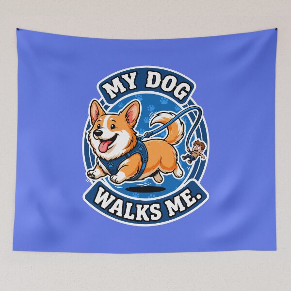 Item preview, Cute Corgi Mascot Badge - My Dog Walks Me Funny Quote designed and sold by Juka-Arts-CC.