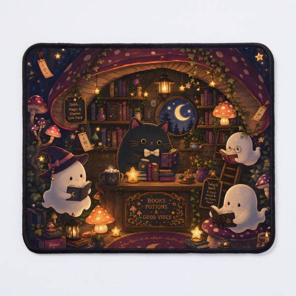 Item preview, Cozy Mushroom Library Black Cat designed and sold by SRY SHOP.
