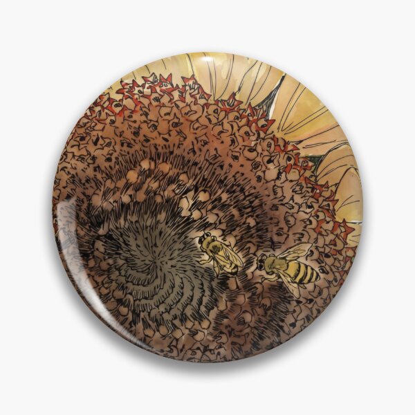 Item preview, Two Honey Bees on Sunflower | Pen and Watercolor Pollinator Art designed and sold by Debbie Schulte.