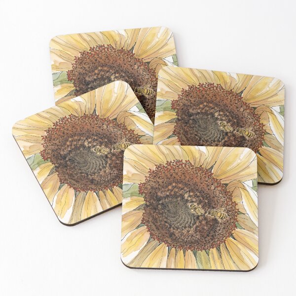 Item preview, Two Honey Bees on Sunflower | Pen and Watercolor Pollinator Art designed and sold by Debbie Schulte.