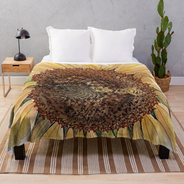 Item preview, Two Honey Bees on Sunflower | Pen and Watercolor Pollinator Art designed and sold by Debbie Schulte.