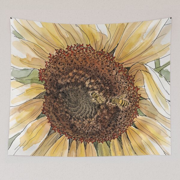 Item preview, Two Honey Bees on Sunflower | Pen and Watercolor Pollinator Art designed and sold by Debbie Schulte.