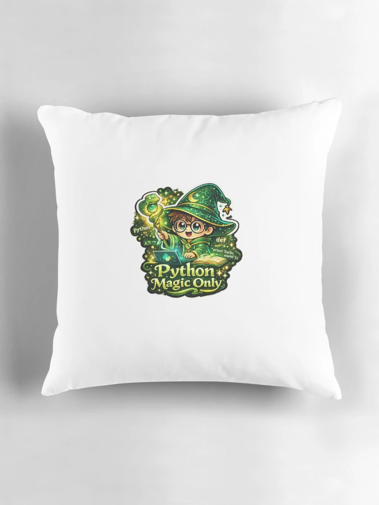Thumbnail 3 of 4, Pillow, Python Magic Only Sticker | Cute Python Programmer Wizard | Funny Coding Developer Sticker designed and sold by MinimalMood Studio.