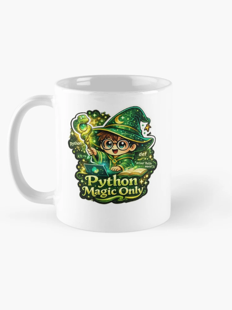 Thumbnail 5 of 6, Coffee Mug, Python Magic Only Sticker | Cute Python Programmer Wizard | Funny Coding Developer Sticker designed and sold by MinimalMood Studio.