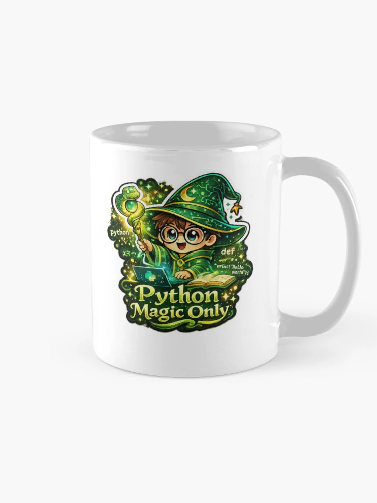 Thumbnail 3 of 6, Coffee Mug, Python Magic Only Sticker | Cute Python Programmer Wizard | Funny Coding Developer Sticker designed and sold by MinimalMood Studio.