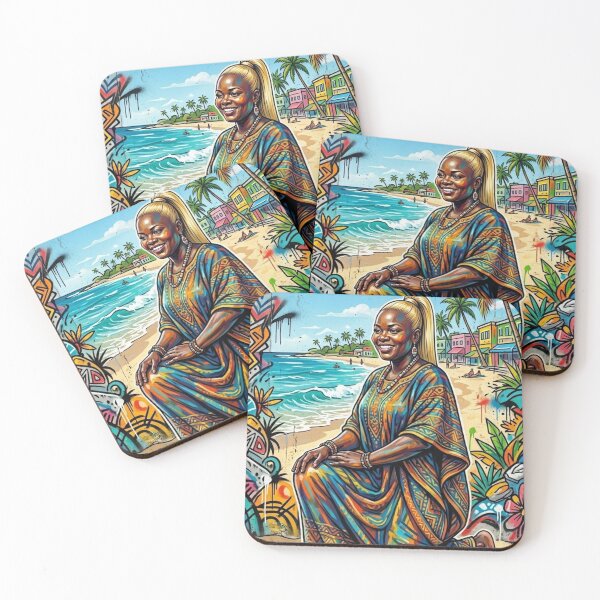 Item preview, AFRO-CARIBBEAN WOMAN ON TROPICAL BEACH VIBRANT URBAN ART designed and sold by Curiosiart.