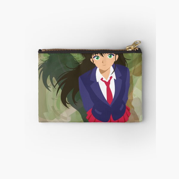Item preview, Anime Schoolgirl with Green Eyes in a Blue and Red Uniform – Retro Manga Vector Illustration on an Abstract Background designed and sold by Keltoi-art.