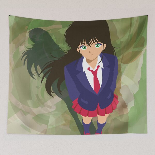 Item preview, Anime Schoolgirl with Green Eyes in a Blue and Red Uniform – Retro Manga Vector Illustration on an Abstract Background designed and sold by Keltoi-art.