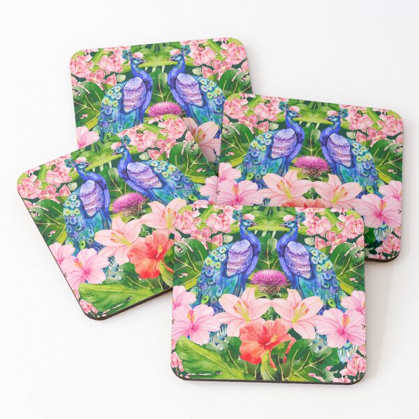 Item preview, Vibrant Watercolor Peacock Tropical Flowers Art designed and sold by Justyna93.