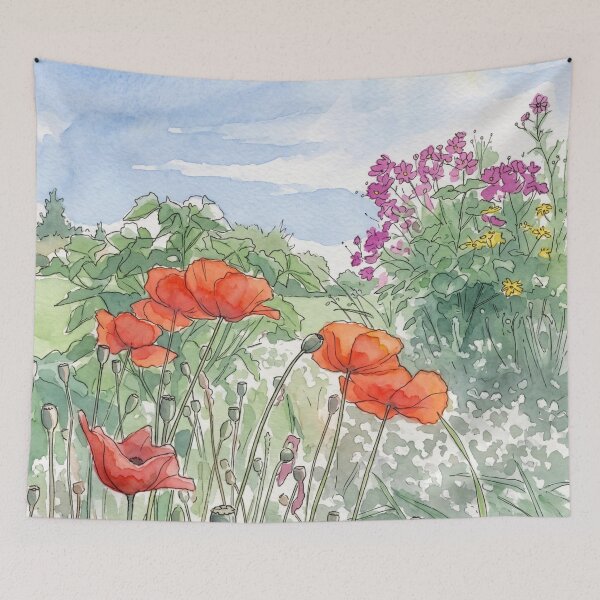 Item preview, Summer Poppies in the Wildflower Garden | Pen and Watercolor Art designed and sold by Debbie Schulte.