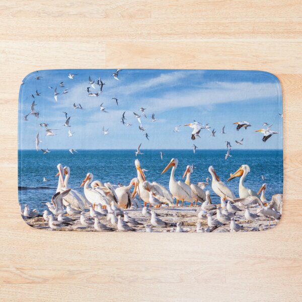 Item preview, Great White Pelicans on rocks and flying on Lake Michigan rocks in Sheboygan  designed and sold by TerraMediaLLC.