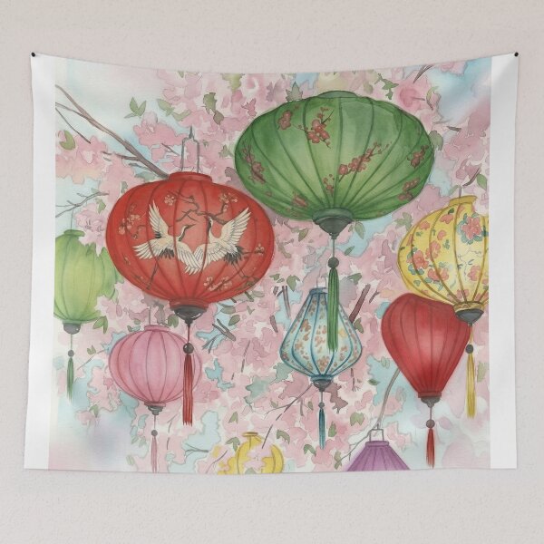 Item preview, Lanterns and Blossom Watercolour Style designed and sold by InkAndLatitude.