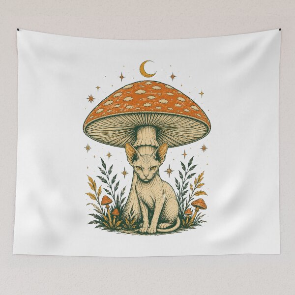Item preview, Sphynx Cats Mushroom Moon Vintage Occult Cat Art designed and sold by Region.