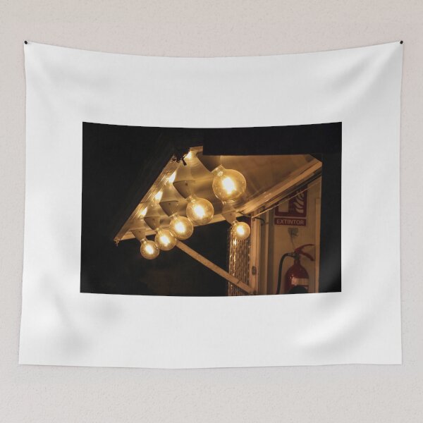 Item preview, Warm Vintage Bulb Row Under Awning Lighting A Night Stall With Fire Extinguisher Sign designed and sold by Nmallia.