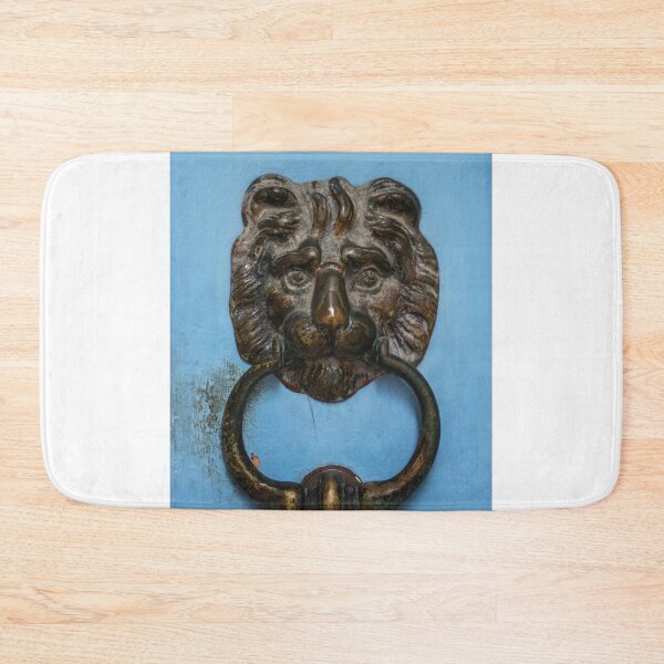 Item preview, Antique Brass Lion Door Knocker On Weathered Blue Door — Ornate Lion Head Entrance Hardware designed and sold by Nmallia.
