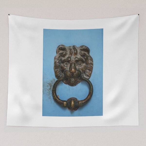 Item preview, Antique Brass Lion Door Knocker On Weathered Blue Door — Ornate Lion Head Entrance Hardware designed and sold by Nmallia.