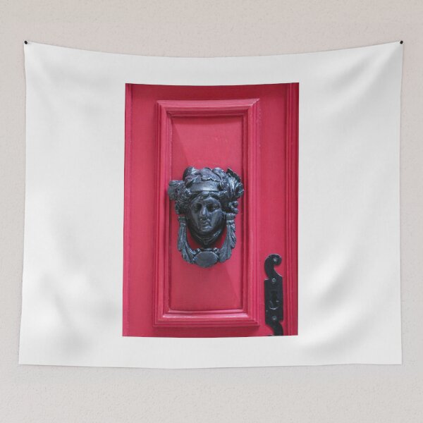 Item preview, Antique Metal Door Knocker On Red Wooden Door Panel With Decorative Face Ornamentation designed and sold by Nmallia.