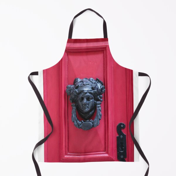 Item preview, Antique Metal Door Knocker On Red Wooden Door Panel With Decorative Face Ornamentation designed and sold by Nmallia.