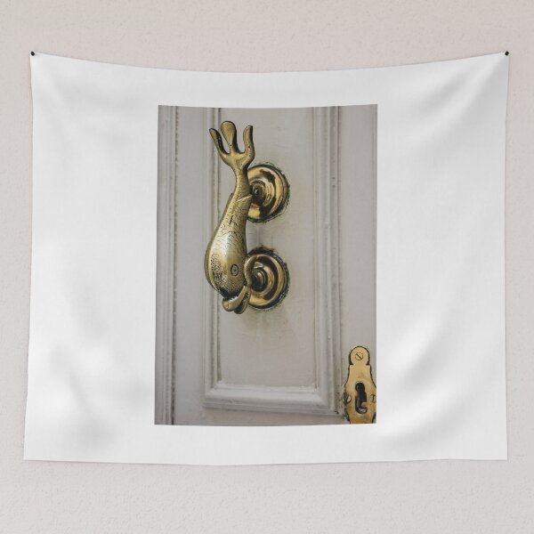 Item preview, Vintage Brass Whale Door Knocker on Painted White Wooden Door with Ornate Keyhole designed and sold by Nmallia.