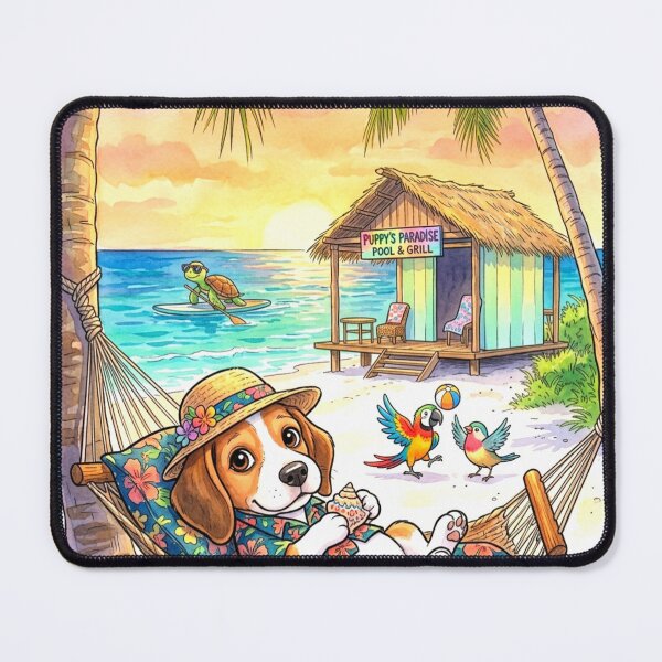 Item preview, Tropical Beach Puppy Hammock Summer Paradise Illustration designed and sold by ExploreAura Studio.