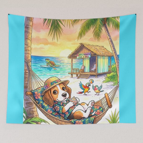 Item preview, Tropical Beach Puppy Hammock Summer Paradise Illustration designed and sold by ExploreAura Studio.