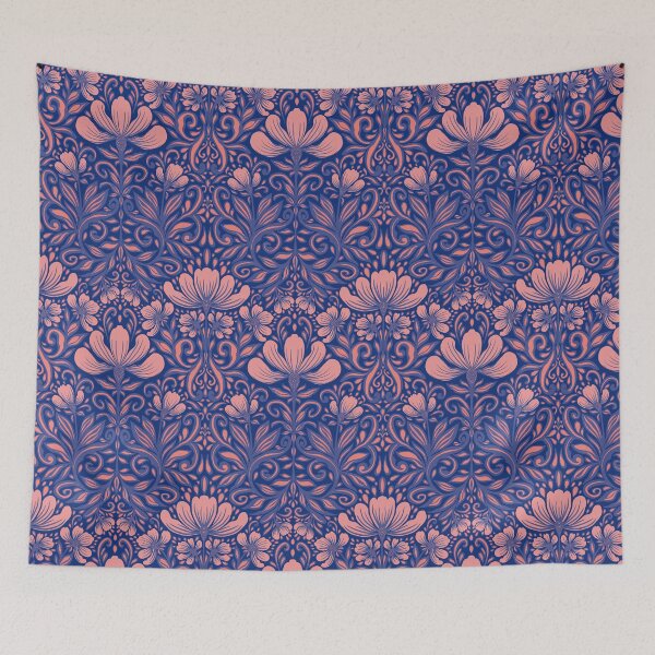Item preview, Sapphire Blue Folk Damask Floral Tapestry designed and sold by AneissPiaf.