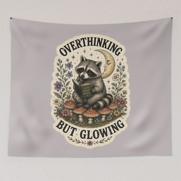Item preview, Overthinking But Glowing Raccoon Mushroom Cottagecore designed and sold by oldpussboss.